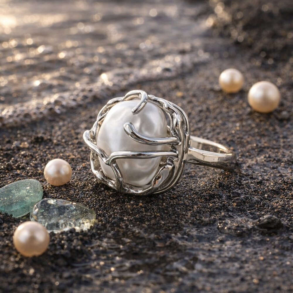 925 Sterling Silver Sculptural Faux Baroque Pearl Statement Ring Adjustable 6-9 - Picture 14 of 16